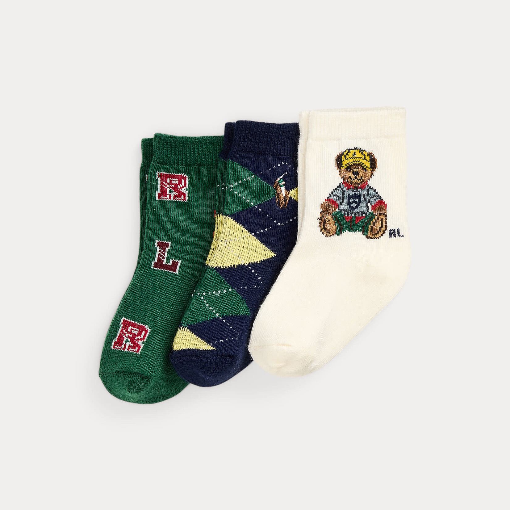 Ralph Lauren Baby Janssens: FA BOY BEAR-CREW SOCK-3 PACK IVORY/NAVY/GREEN 0/6M