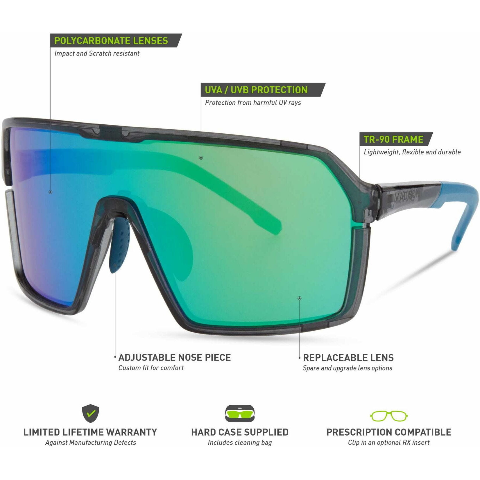 Madison Madison Crypto Sunglasses - Crystal Gloss Smoke Frame/Green Mirror Lens