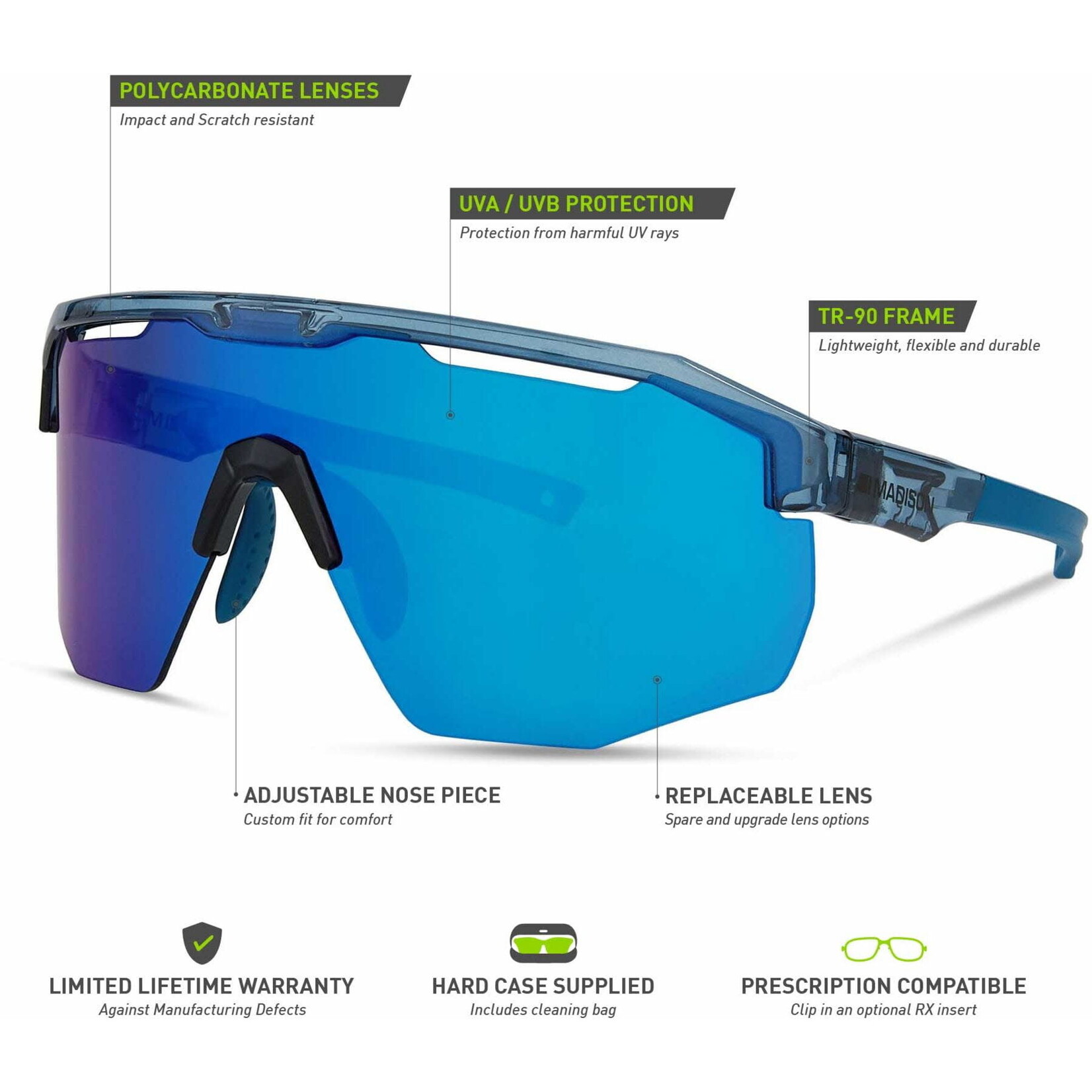 Madison Madison Cipher Sunglasses - 3 pack - crystal gloss blue / blue mirror / amber and clear lens