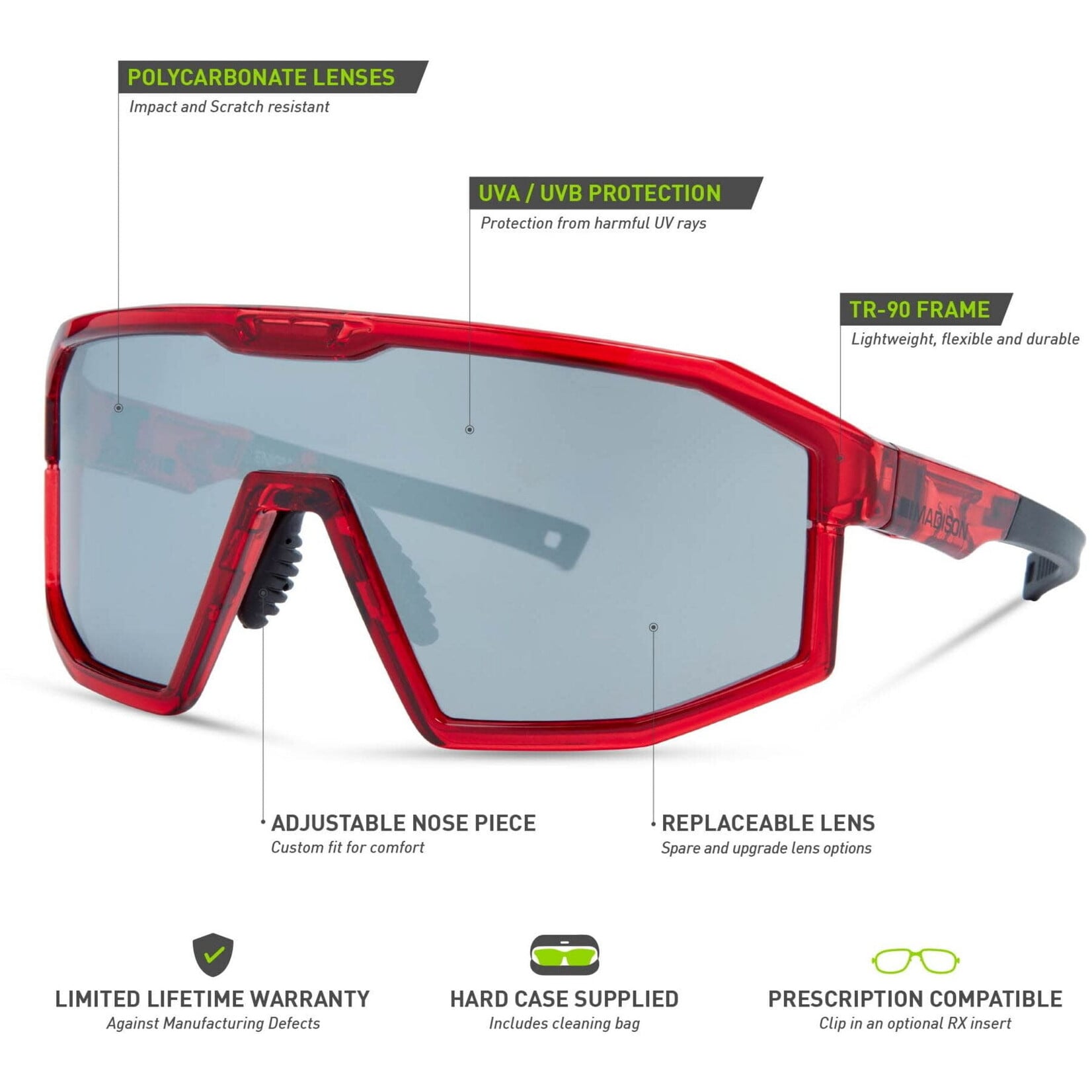 Madison Madison Enigma Sunglasses 3 pack Crystal Gloss Red Frame/Black Mirror/Amber/Clear lenses