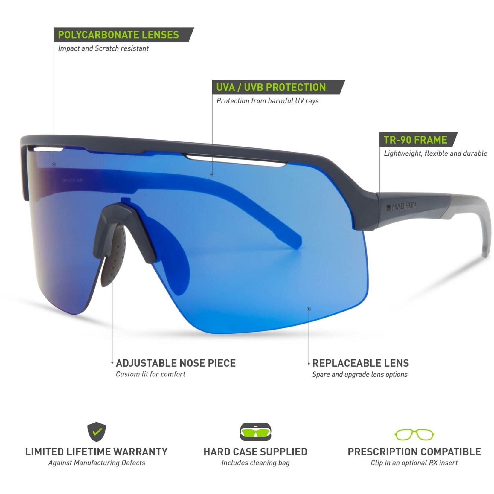 Madison Madison Crypto Air Sunglasses 3 pack Ink Navy Frame/ Blue Mirror/Amber/Clear Lenses