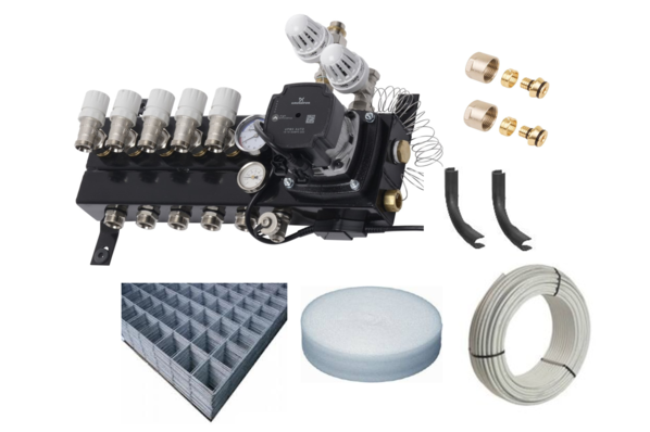 ThermoVloer Vloerverwarming set voor stadsverwarming met  Top-Flow compact verdeler inclusief matten 5 groepen