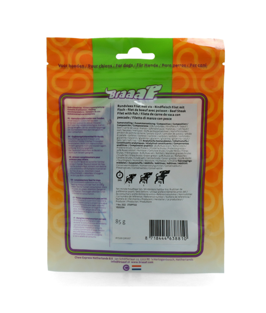 Braaaf hondensnacks Braaaf Beef Steak Filet With Fish 12 Cm