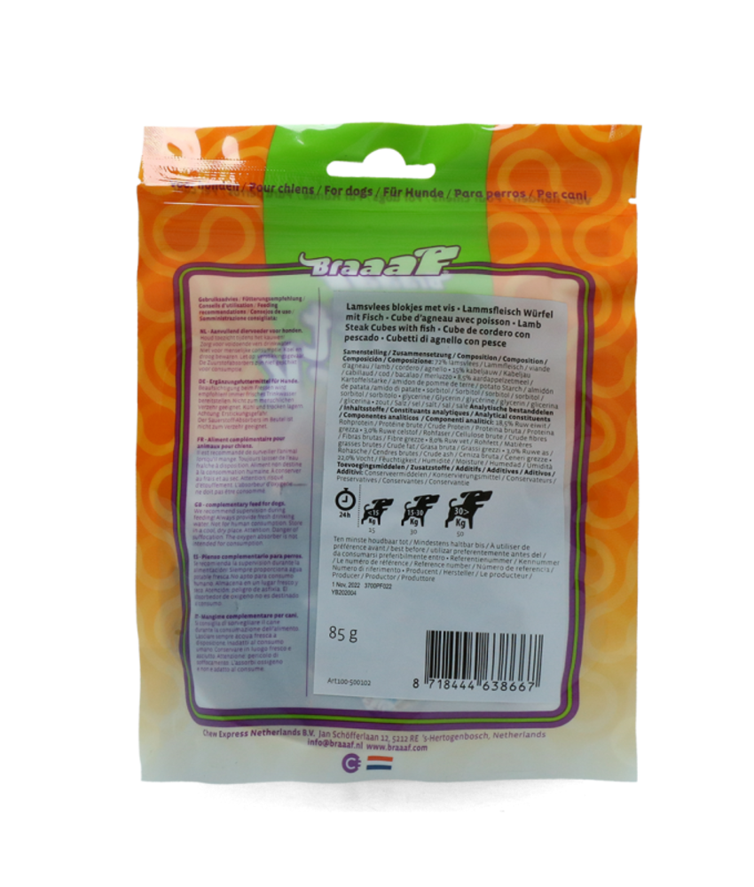 Braaaf hondensnacks Braaaf Lamb Steak Cubes With Fish