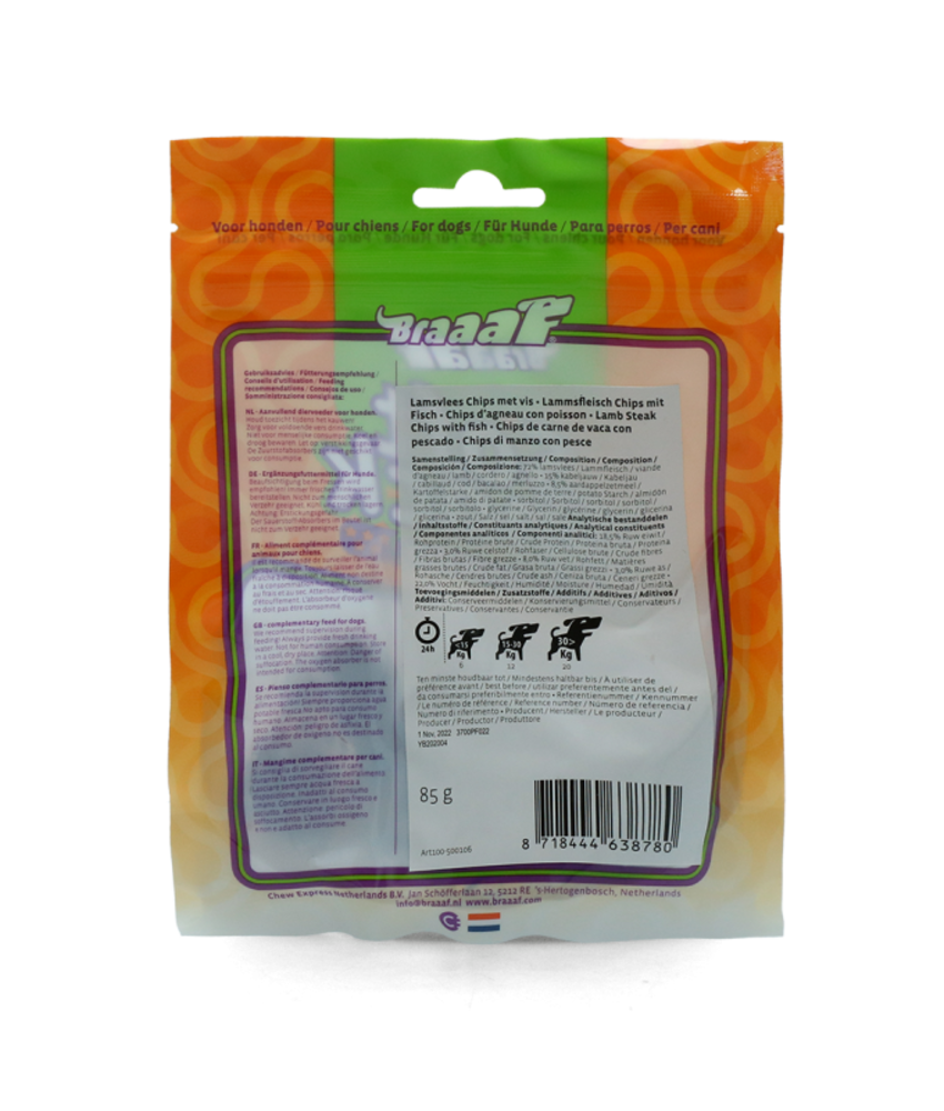 Braaaf hondensnacks Braaaf Lamb Steak Chips With Fish Braaaf hondensnacks Braaaf Lamb Steak Chips With Fish