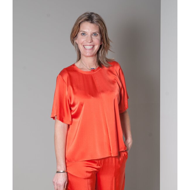 Stretch silk satin short sleeves top deep orange