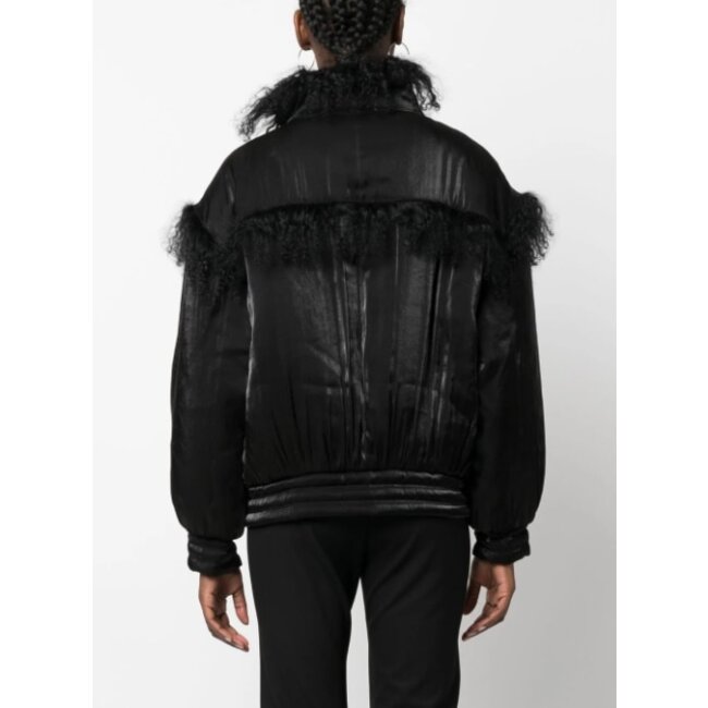 Forte_Forte Shiny bomber jacket with mongolian–fur details