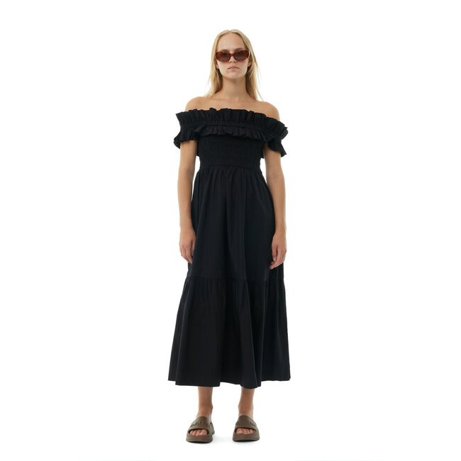 GANNI Cotton Poplin Long Smock Dress Black