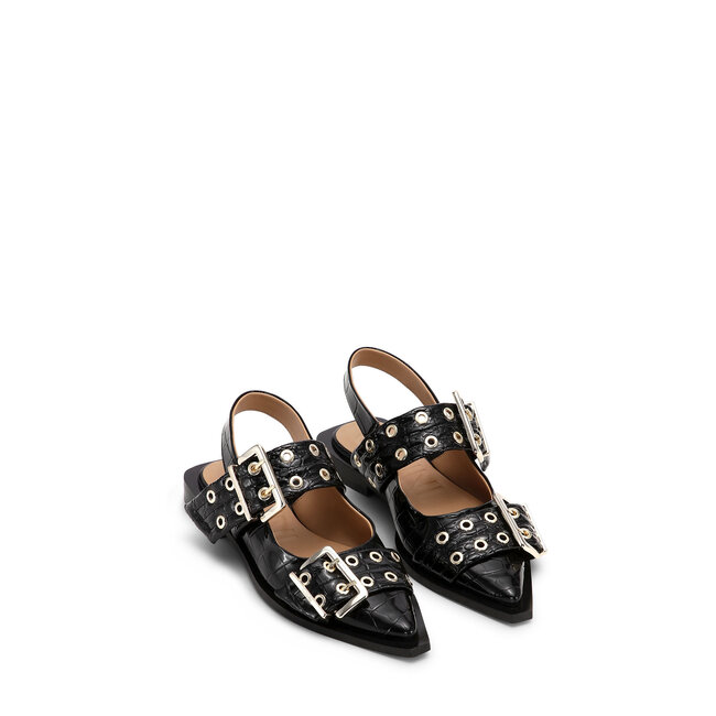 GANNI Feminine Buckle Ballerina Naplack Croco Black