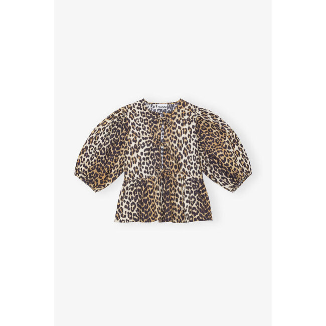 GANNI Printed Cotton Poplin Peplum Blouse in leo