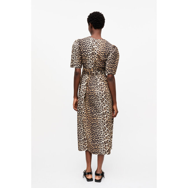 GANNI Printed Cotton Tie Strap Midi Dress leopard