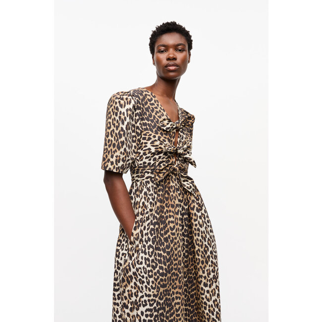 GANNI Printed Cotton Tie Strap Midi Dress leopard