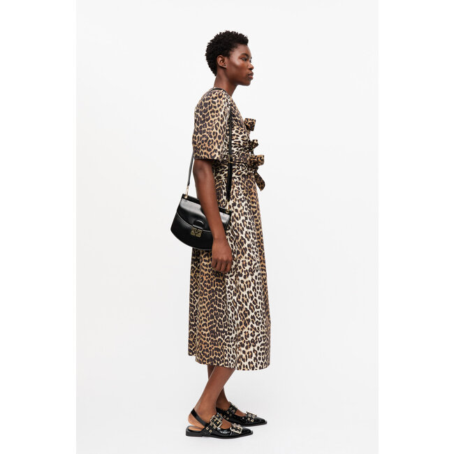 GANNI Printed Cotton Tie Strap Midi Dress leopard