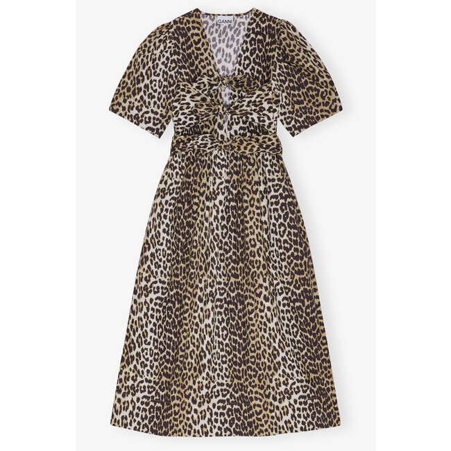 GANNI Printed Cotton Tie Strap Midi Dress leopard