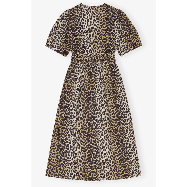 GANNI Printed Cotton Tie Strap Midi Dress leopard