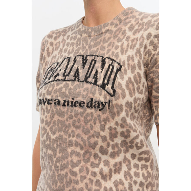 GANNI Graphic Wool Mix Printed Leopard T-shirt