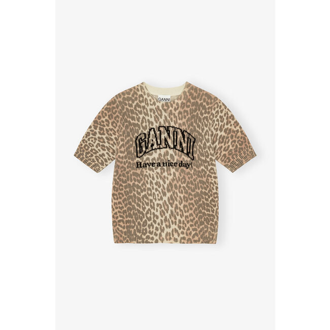 GANNI Graphic Wool Mix Printed Leopard T-shirt