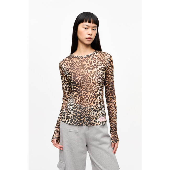 GANNI Printed Marl Mesh Long Sleeve Top