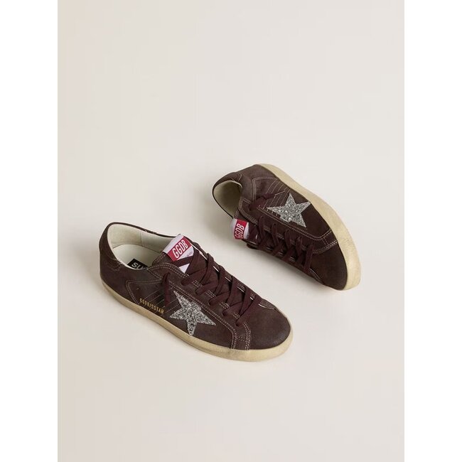 Golden Goose Super-Star in brown suede with silver glitter star