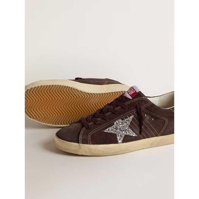 Golden Goose Super-Star in brown suede with silver glitter star
