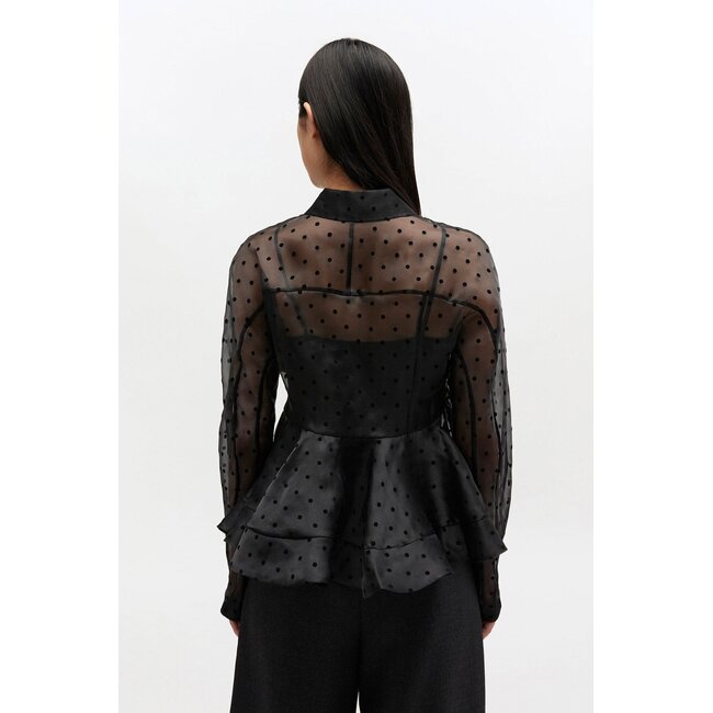 GANNI Flocked Organza Peplum Shirt black