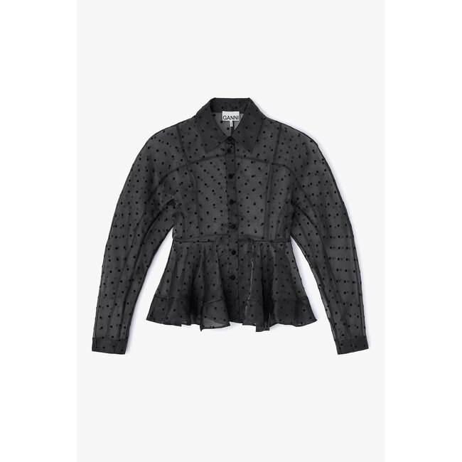 GANNI Flocked Organza Peplum Shirt black