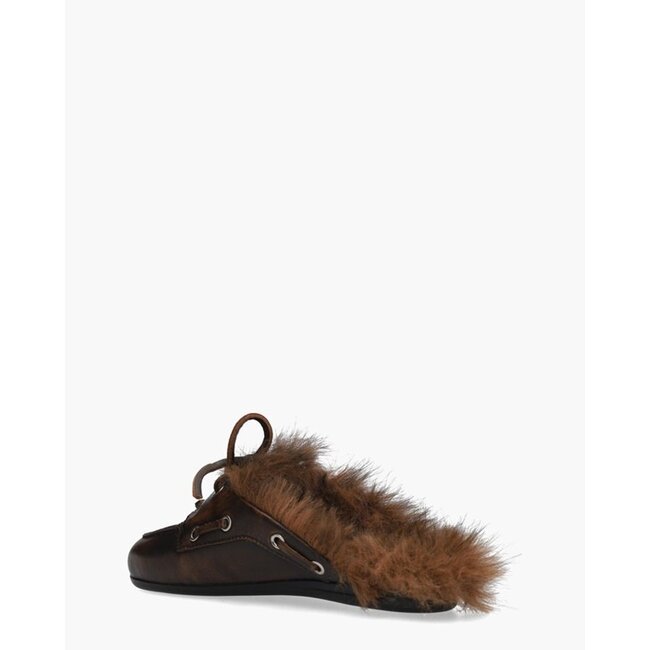 Posa Boat Loafer Mule Hairy Fur – Leather Coffee