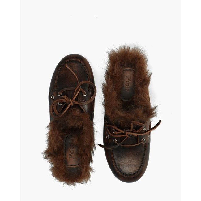 Posa Boat Loafer Mule Hairy Fur – Leather Coffee