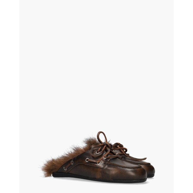 Posa Boat Loafer Mule Hairy Fur – Leather Coffee