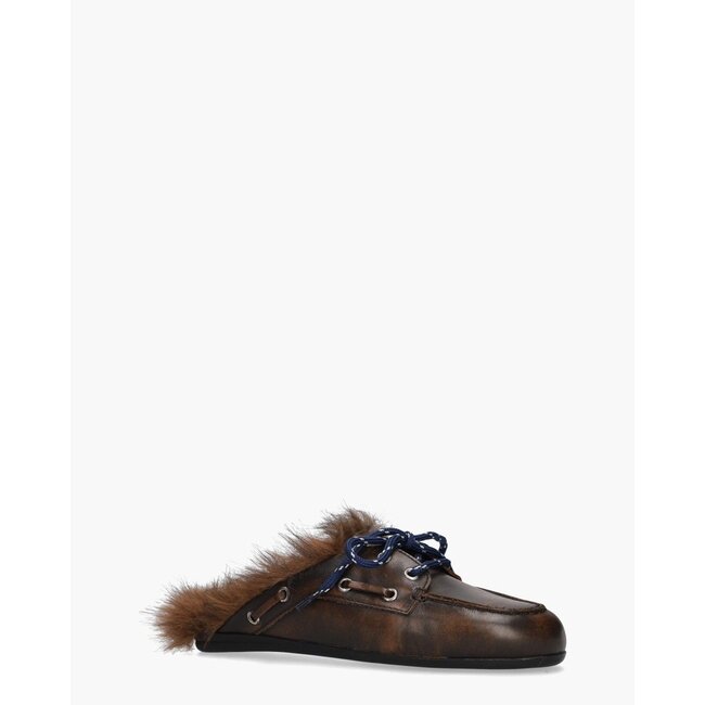Posa Boat Loafer Mule Hairy Fur – Leather Coffee