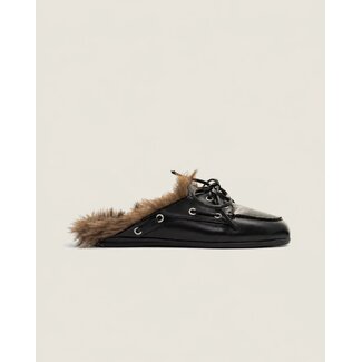 Posa Posa Boat Loafer Mule Hairy Fur - Soft leather Black