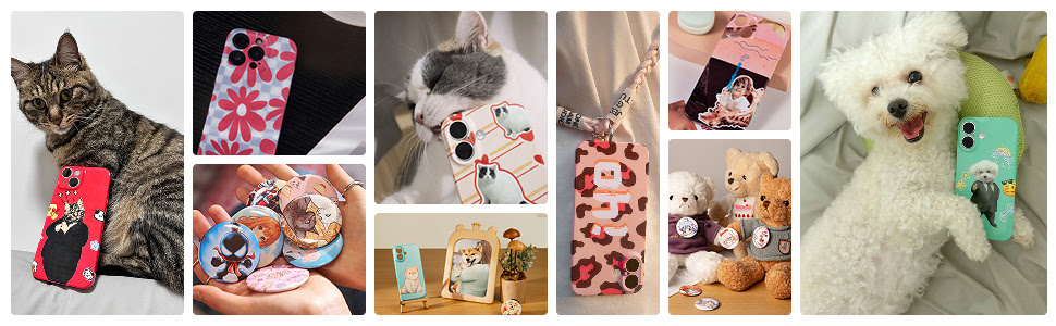 Een vrolijke vrouw in een creatieve studio. Ze zit aan een tafel vol voorbeelden van gepersonaliseerde telefoonhoesjes, onderzetters, dog tags en button pins. Rechts op de voorgrond staat een LOKLiK Phone Case Heat Press in lavendelpaars.