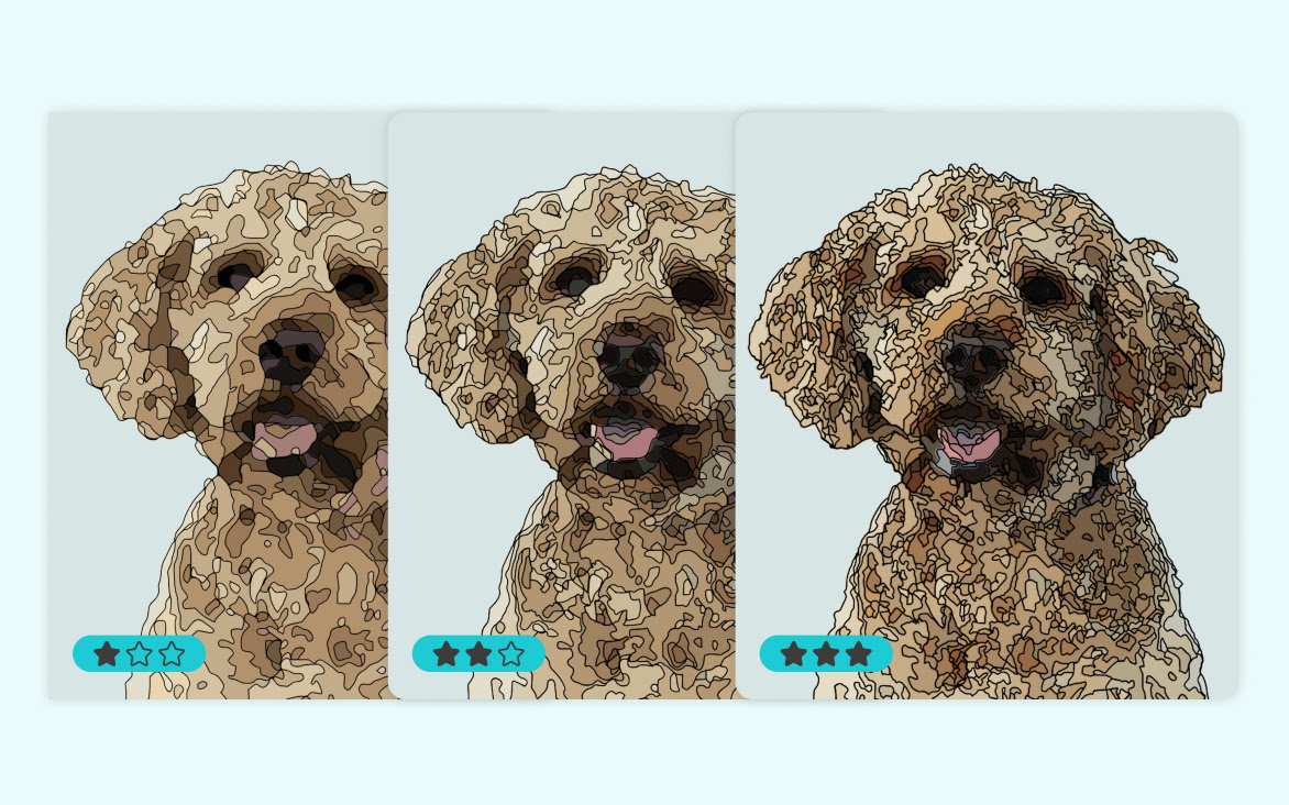 Tre esempi di un disegno di un cane generato con il paint-by-numbers. Il disegno diventa progressivamente più difficile a ogni passo.