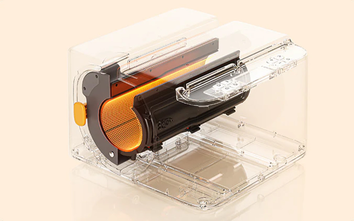 An X-ray style structural diagram displaying the internal dual-side fast heating mesh technology inside the automated sublimation tumbler press.