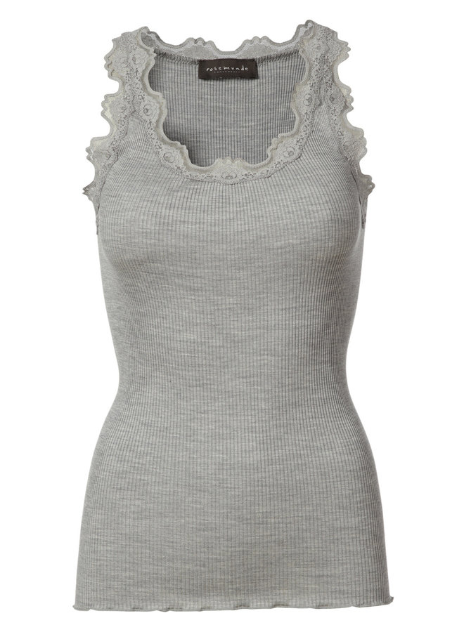 Silk top w/lace - Light grey melange