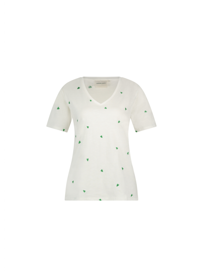 Phil V-neck Green heart T-shirt | Cream white