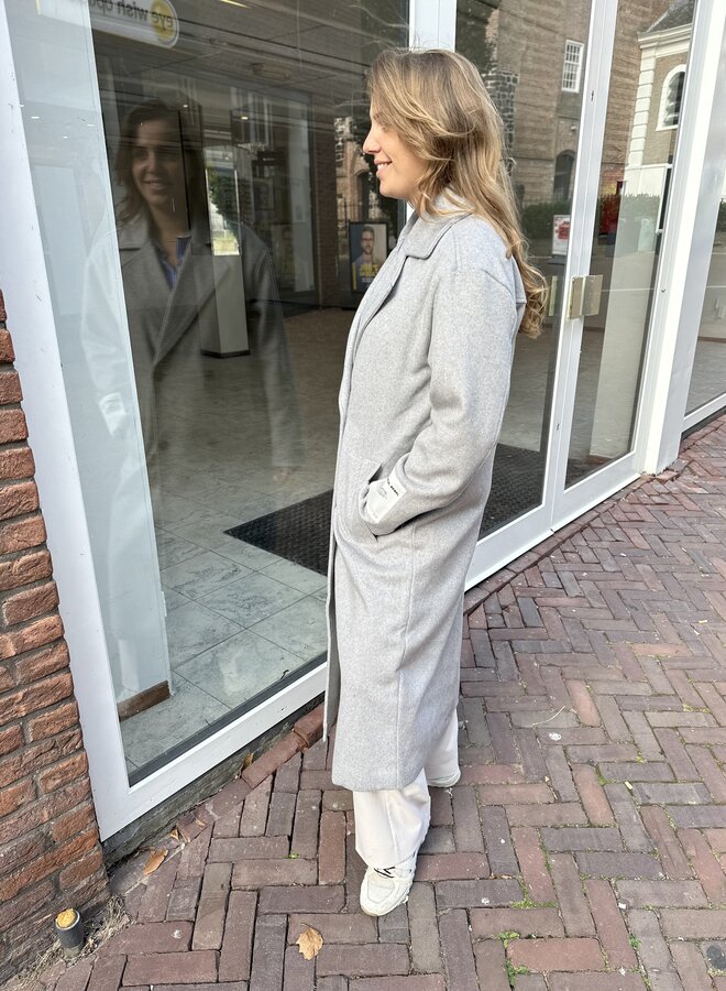 Zania Double Breasted Wool Long Coat - Light grey melange