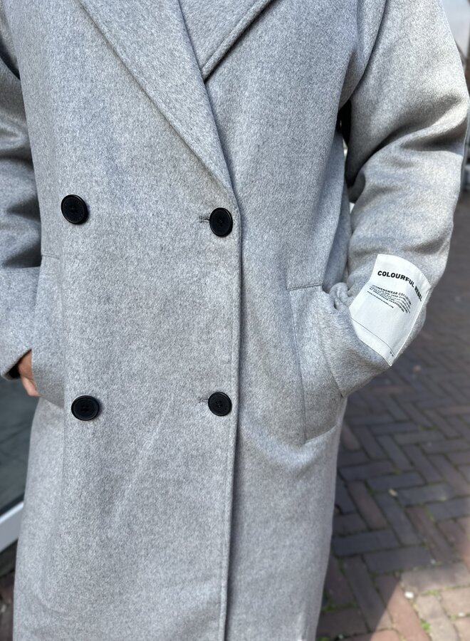 Zania Double Breasted Wool Long Coat - Light grey melange