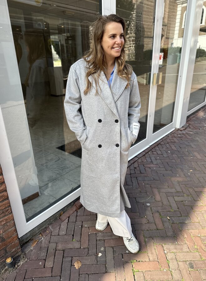 Zania Double Breasted Wool Long Coat - Light grey melange