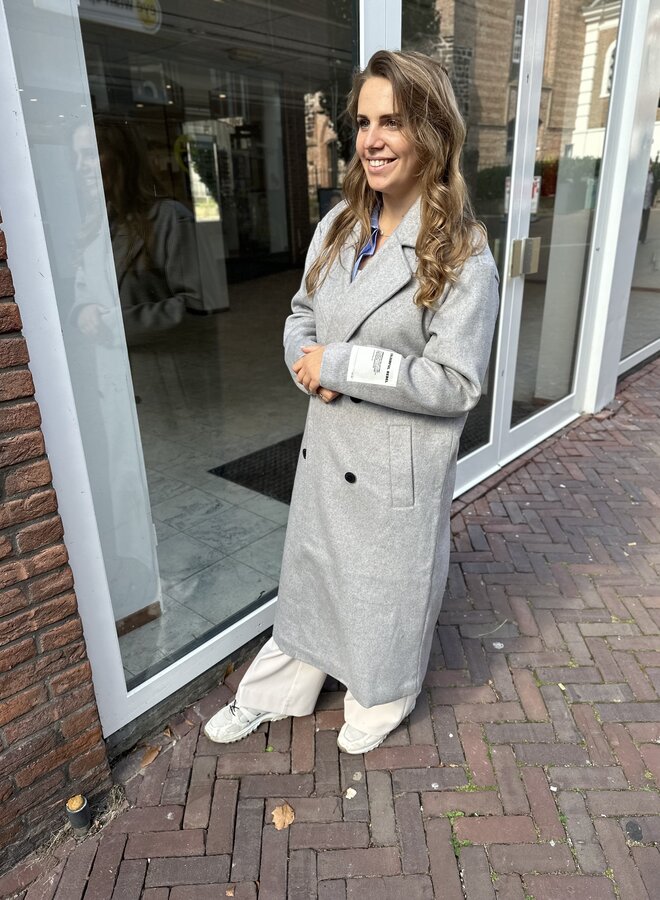 Zania Double Breasted Wool Long Coat - Light grey melange