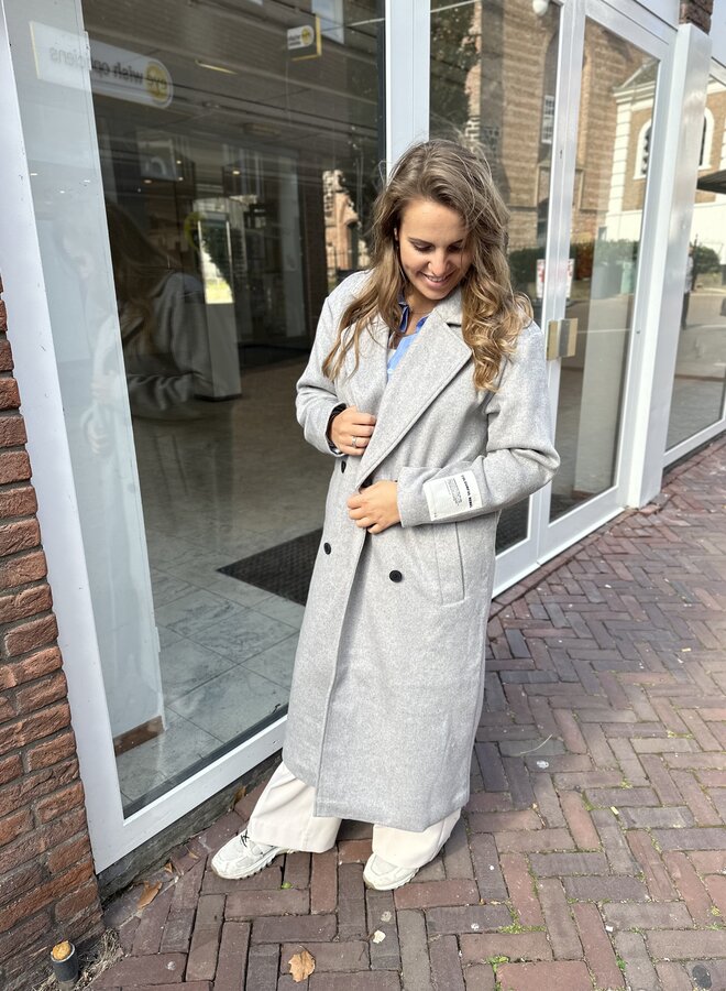 Zania Double Breasted Wool Long Coat - Light grey melange