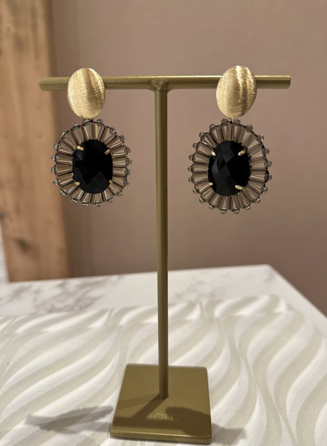 Oval Flat Beads with Stone - Transparent Black + Gold - S