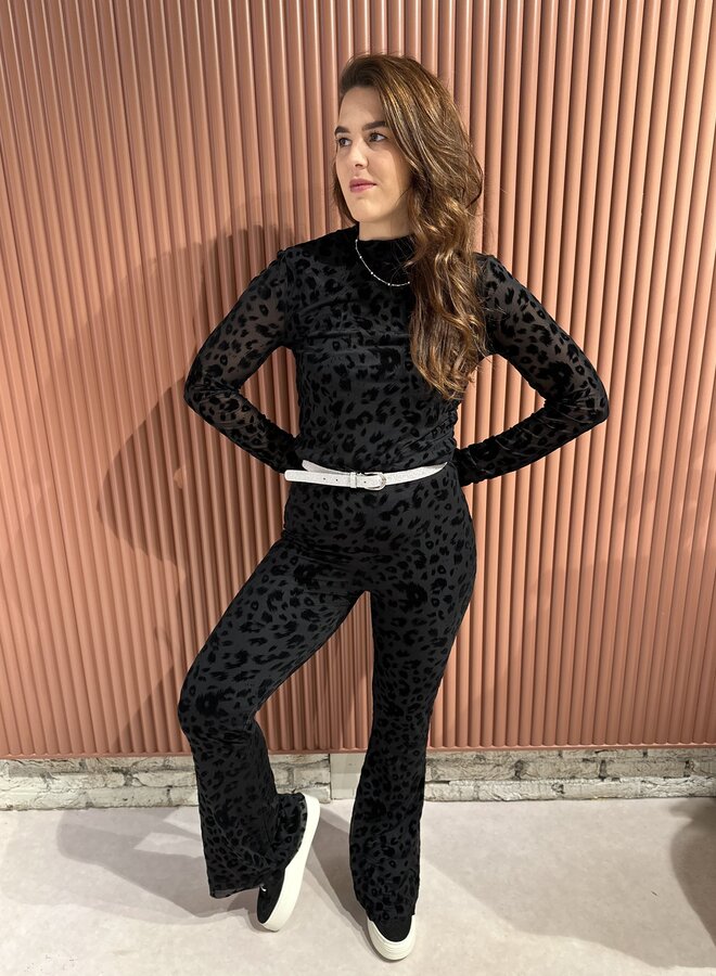 Leopard Flock Mesh Extra Flare Pants - Black