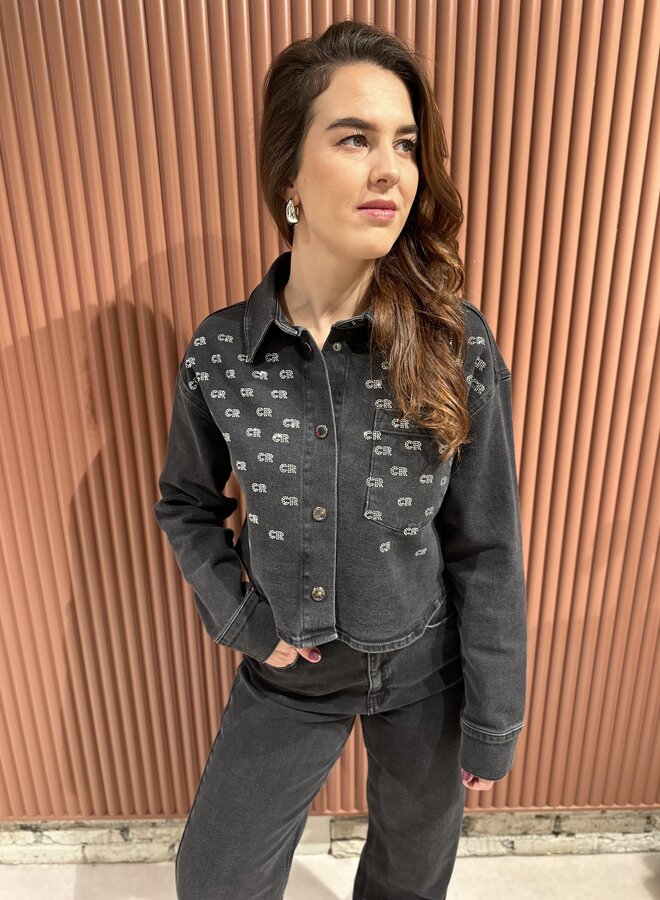 Billie Rhinestone Denim Blouse - Dark grey denim
