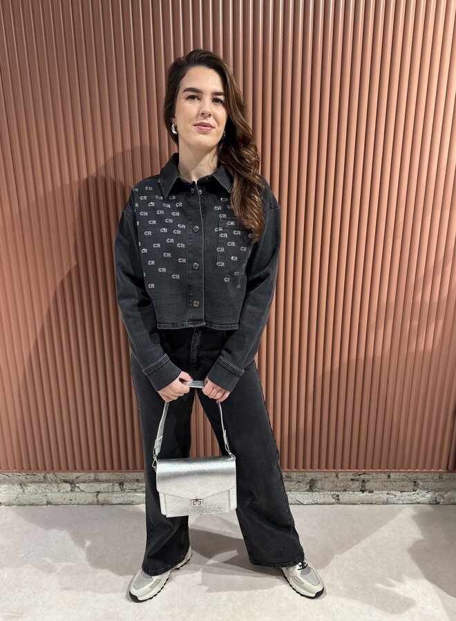 Billie Rhinestone Denim Blouse - Dark grey denim