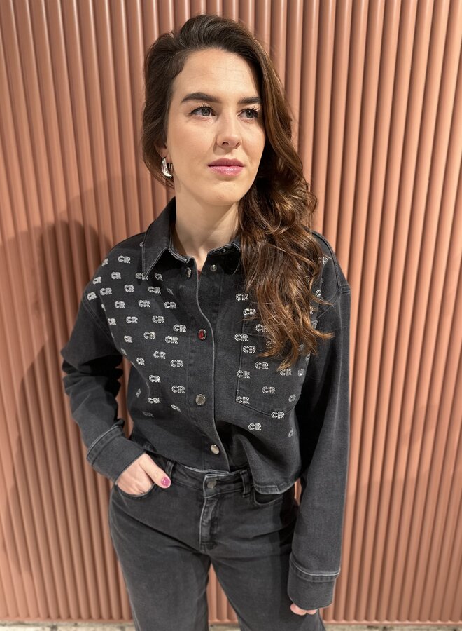 Billie Rhinestone Denim Blouse - Dark grey denim