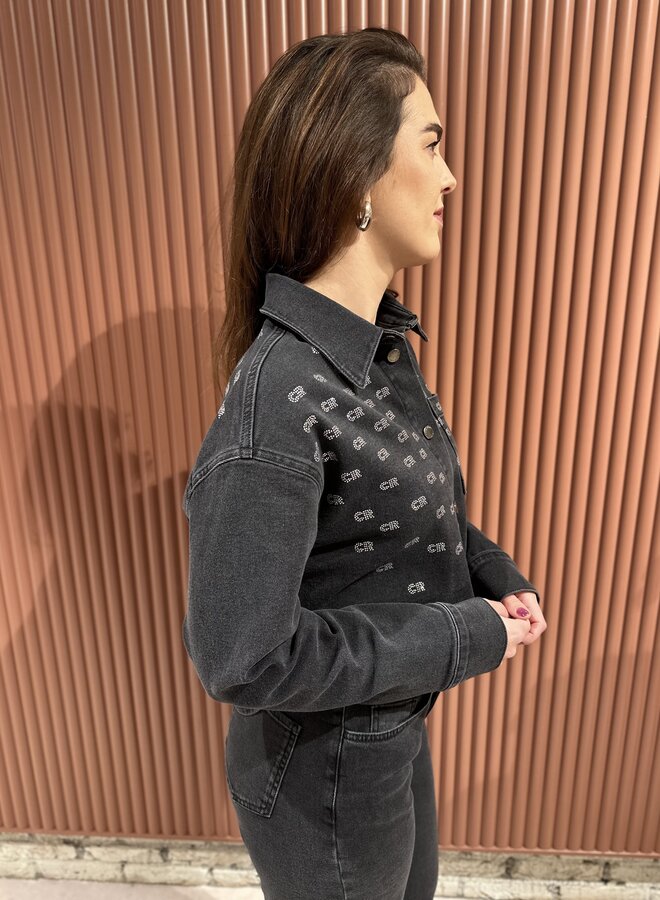 Billie Rhinestone Denim Blouse - Dark grey denim