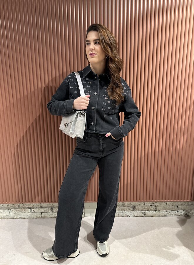 Billie Rhinestone Denim Blouse - Dark grey denim