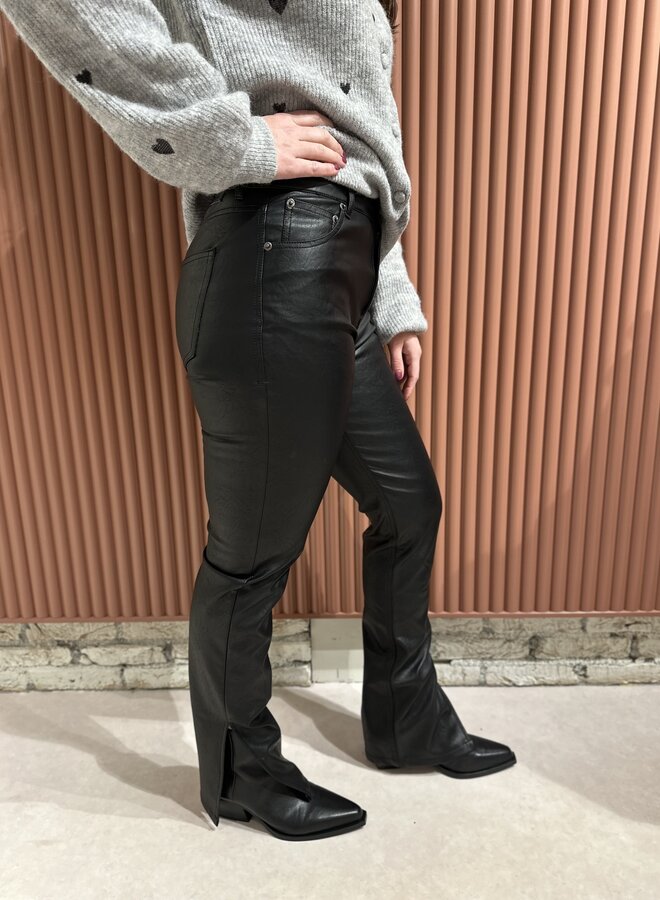 Livia Mid Rise Slit Vegan Leather Pants - Black