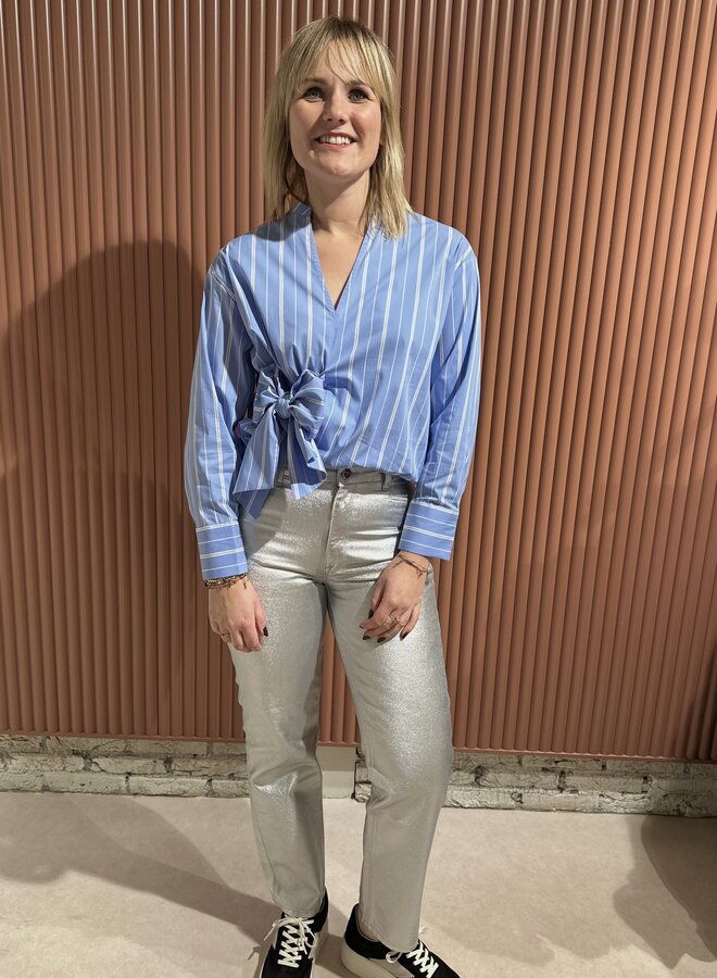 Shira Stripe Bow V-Blouse - Pale Blue